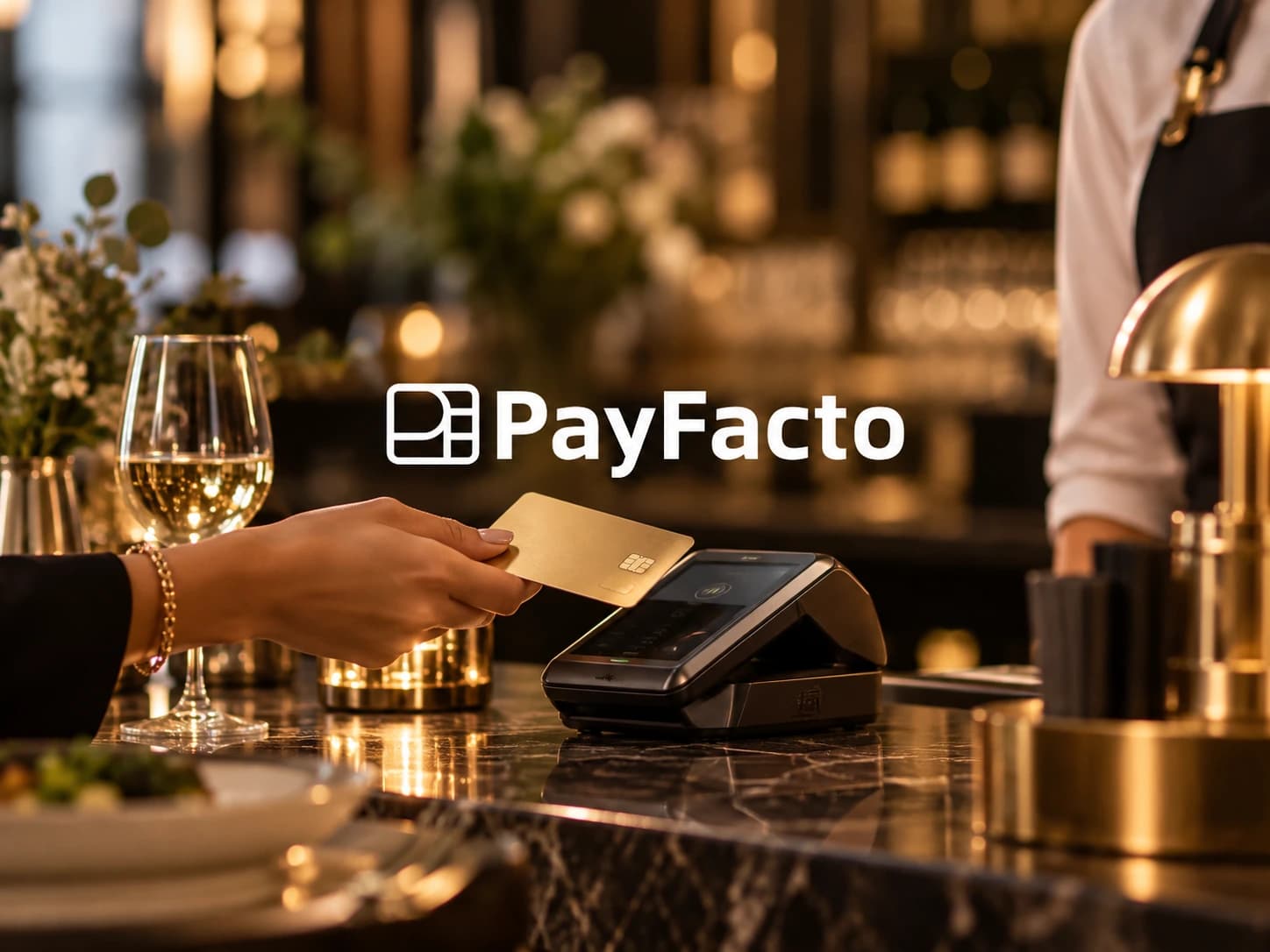PayFacto branding over a card payment in a restaurant